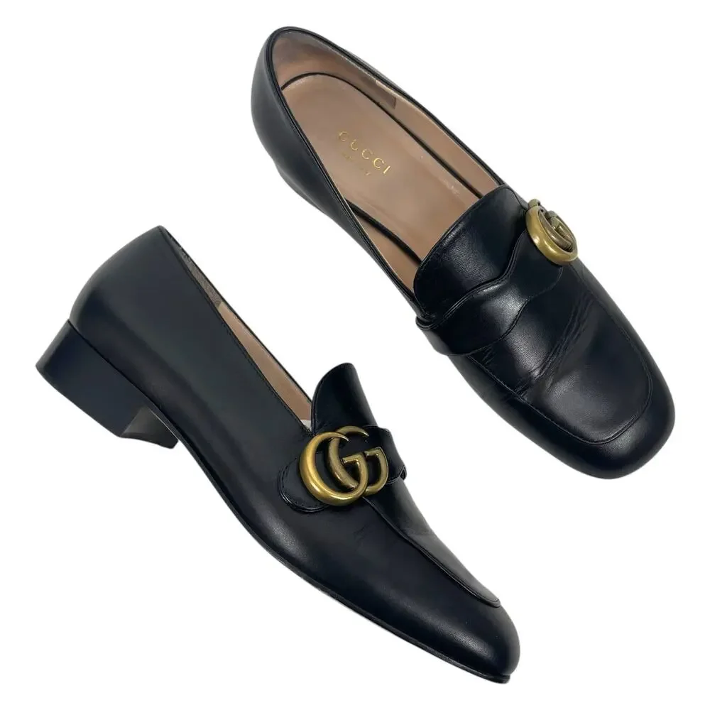 Gucci Double GG Logo Square Toe Slip On Leather Loafer Black Size 38 - Picture 3 of 16